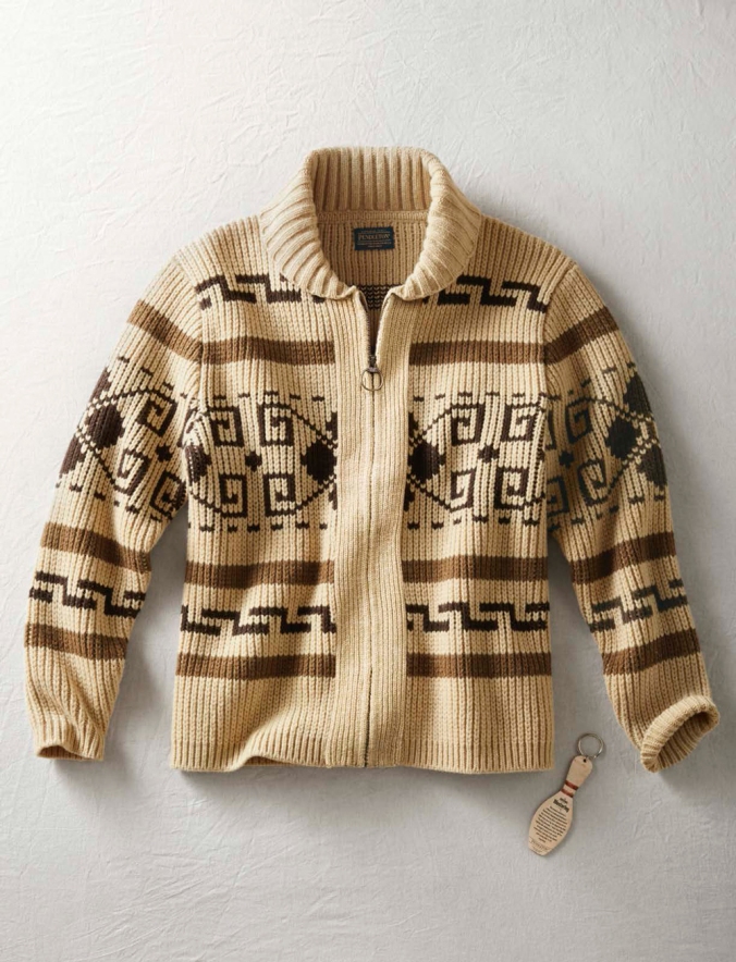 The Pendleton Westerley cardigan in tan and brown.
