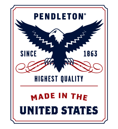 Pendleton logo label that shows a drawing of a bald eagle, and the words: "Pendleton since 1863 Highest Quality Made in the USA." This blanket is sewn onto all Pendleton's traditional wool blankets, which are still 00% made in the USA.