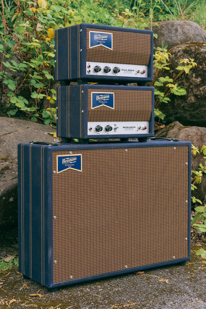 A stack of three amps by Benson Amps, covered in striped Pendleton woolen fabric. 