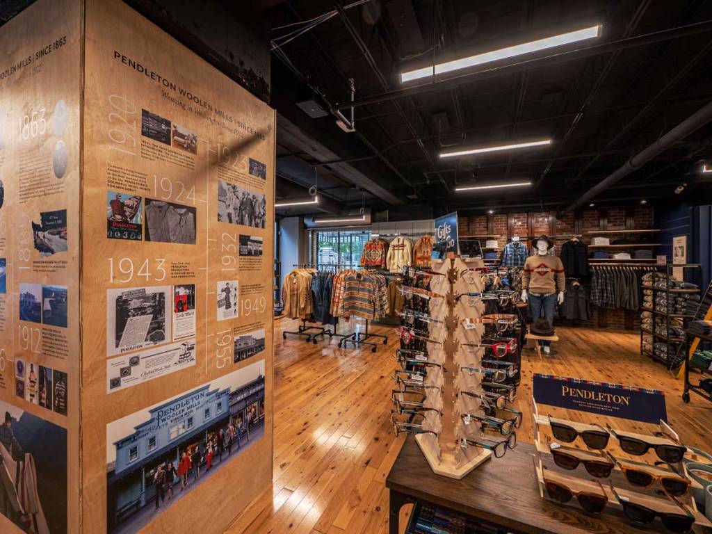 An interior shot of Seattle Pendleton store, showing the company timeline.